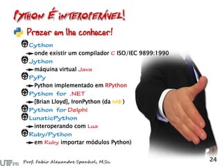 Prazer em lhe conhecer!
onde existir um compilador ISO/IEC 9899:1990
máquina virtual
Python implementado em RPython
[Brian Lloyd], IronPython (da )
interoperando com
em importar módulos Python)
 