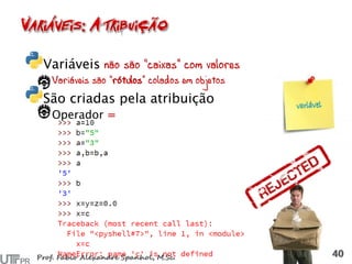 Variáveis não são “caixas” com valores
Variáveis são “rótulos” colados em objetos
São criadas pela atribuição
Operador =
 