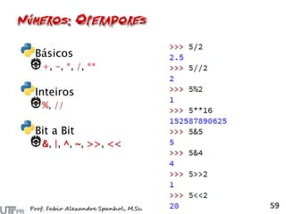 Básicos
+, -, *, /, **
Inteiros
%, //
Bit a Bit
&, |, ^, ~, >>, <<
 