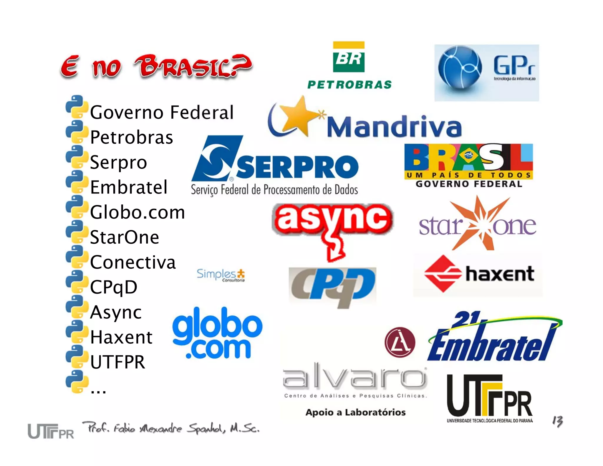 Governo Federal Petrobras Serpro Embratel Globo.com StarOne Conectiva CPqD Async Haxent UTFPR ... 