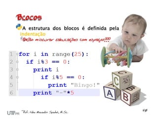 A estrutura dos blocos é definida pela
indentação
  Não misturar tabulações com espaços!!!
 