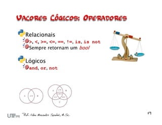 Relacionais
 >, <, >=, <=, ==, !=, is, is not
 Sempre retornam um bool

Lógicos
 and, or, not
 