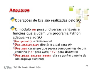 Operações de E/S são realizadas pelo SO

 O módulo os possui diversas variáveis e
funções que ajudam um programa Python
adequar-se ao SO
  os.getcwd() o diretório atual
  os.chdir(dir) diretório atual para dir
  os.sep caractere que separa componentes de um
 caminho ('/' para Unix, '' para Windows)
  os.path.exists(path) diz se path é o nome de
 um arquivo existente
 