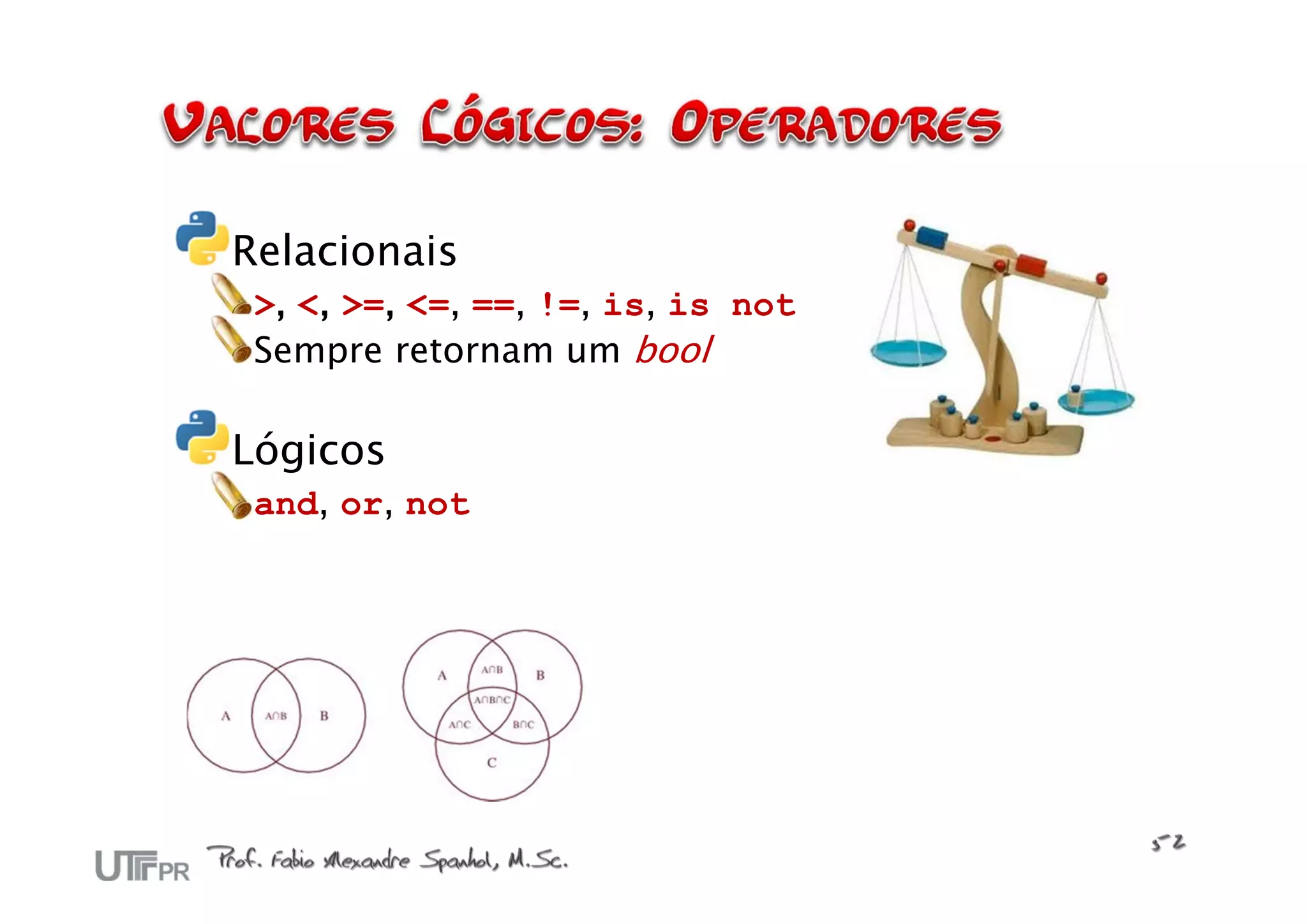 Relacionais
 >, <, >=, <=, ==, !=, is, is not
 Sempre retornam um bool

Lógicos
 and, or, not
 