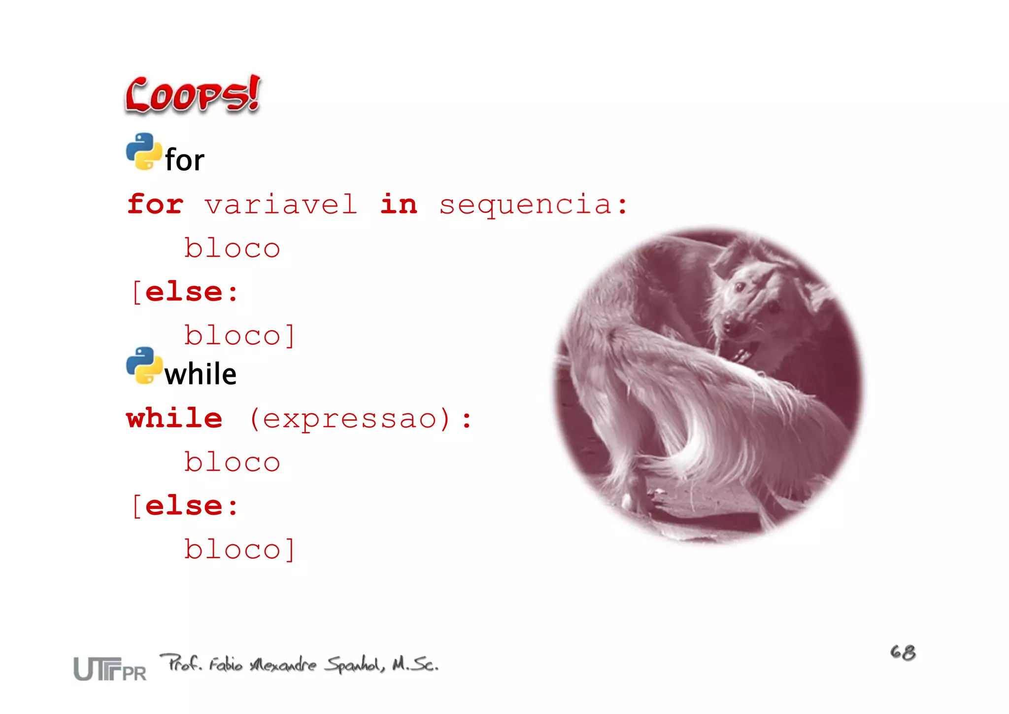 for
for variavel in sequencia:
   bloco
[else:
   bloco]
 while
while (expressao):
   bloco
[else:
   bloco]
 