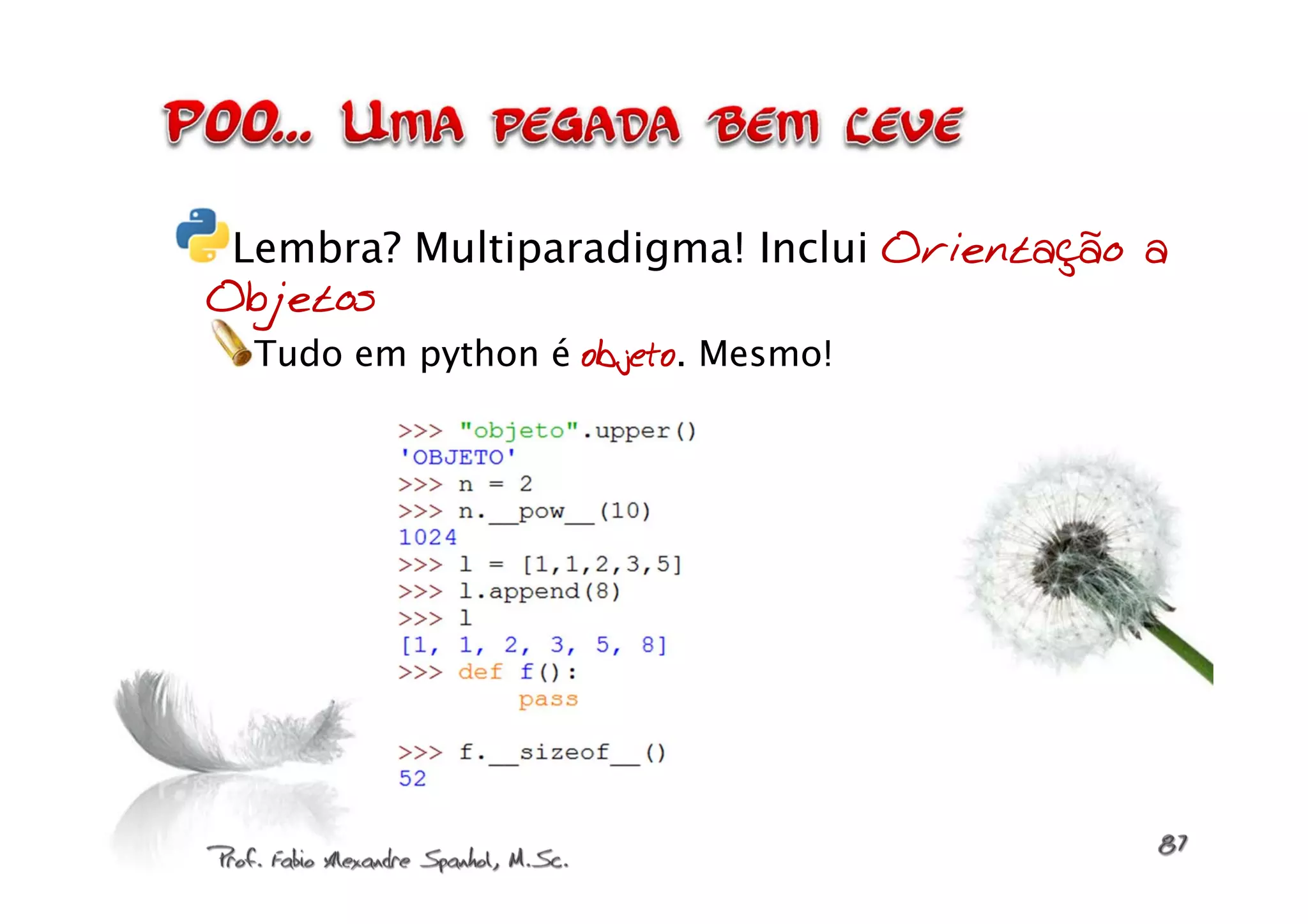 Lembra? Multiparadigma! Inclui Orientação a
Objetos
  Tudo em python é objeto. Mesmo!
 