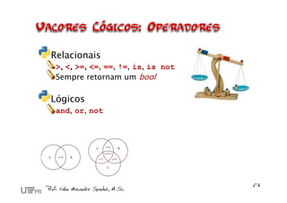 Relacionais
 >, <, >=, <=, ==, !=, is, is not
 Sempre retornam um bool

Lógicos
 and, or, not
 