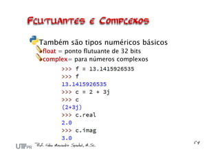 Também são tipos numéricos básicos
float = ponto flutuante de 32 bits
complex= para números complexos
 