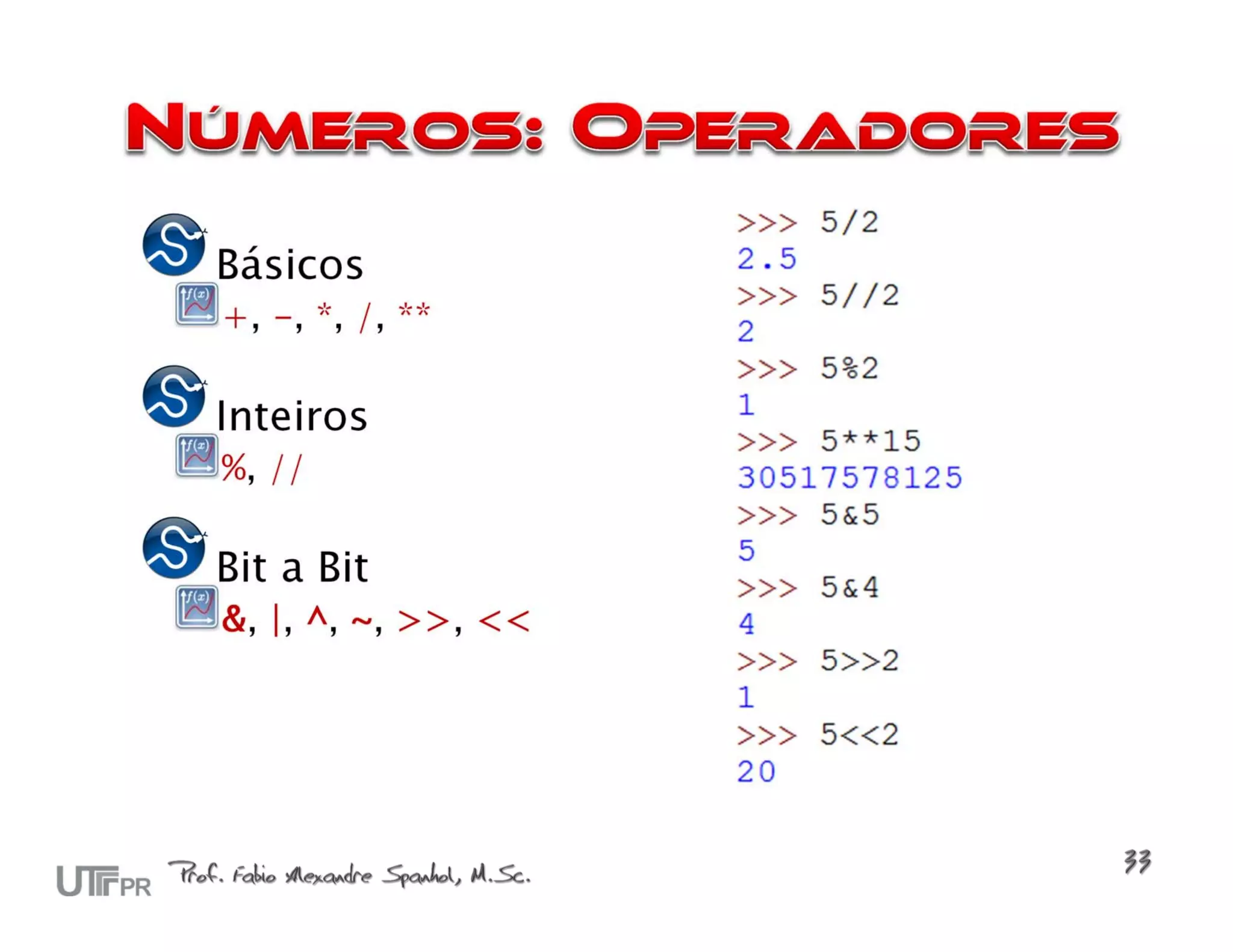 Básicos
+, -, *, /, **

Inteiros
%, //

Bit a Bit
&, |, ^, ~, >>, <<
 