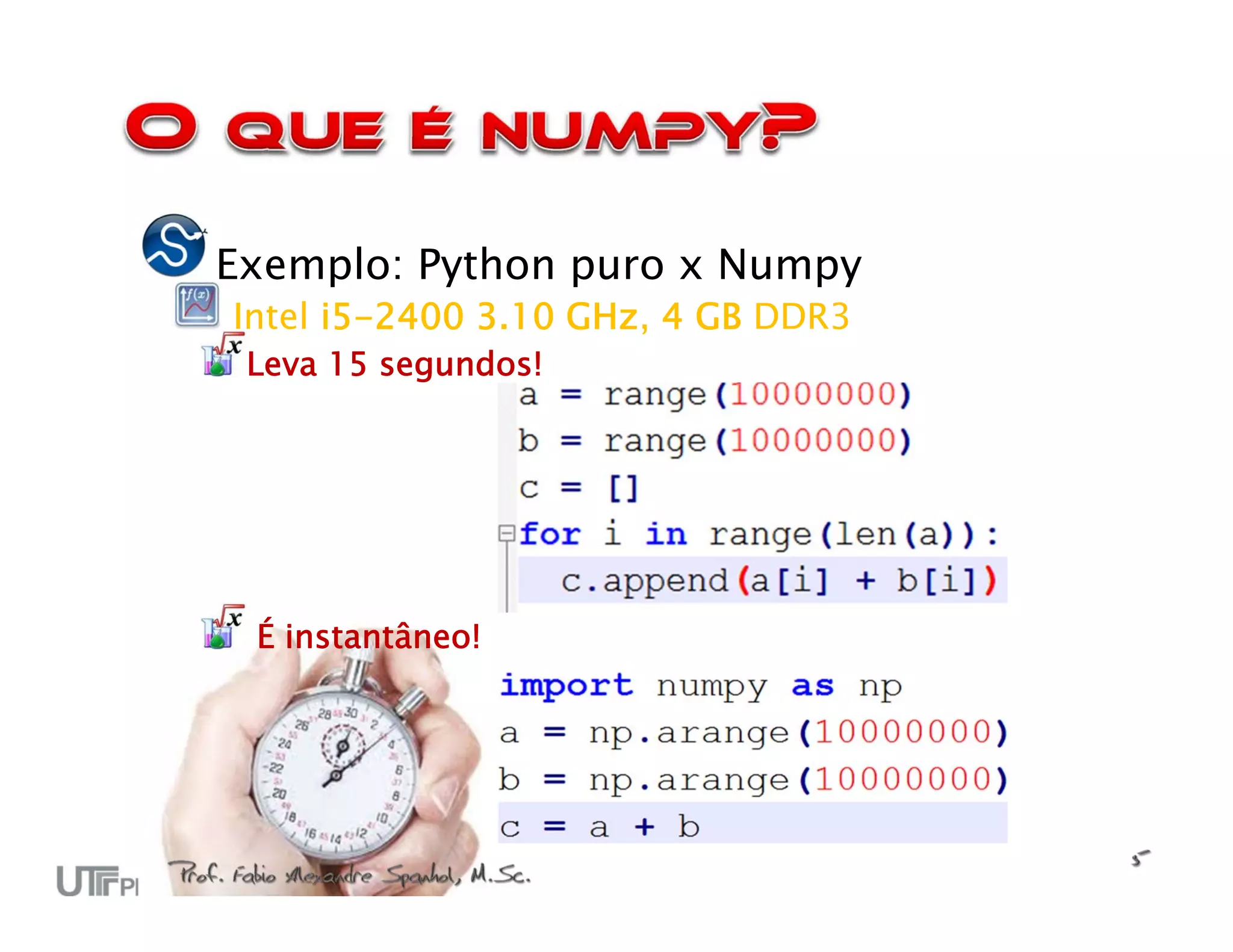 Exemplo: Python puro x Numpy
Intel i5-2400 3.10 GHz, 4 GB DDR3
 Leva 15 segundos!




 É instantâneo!
 