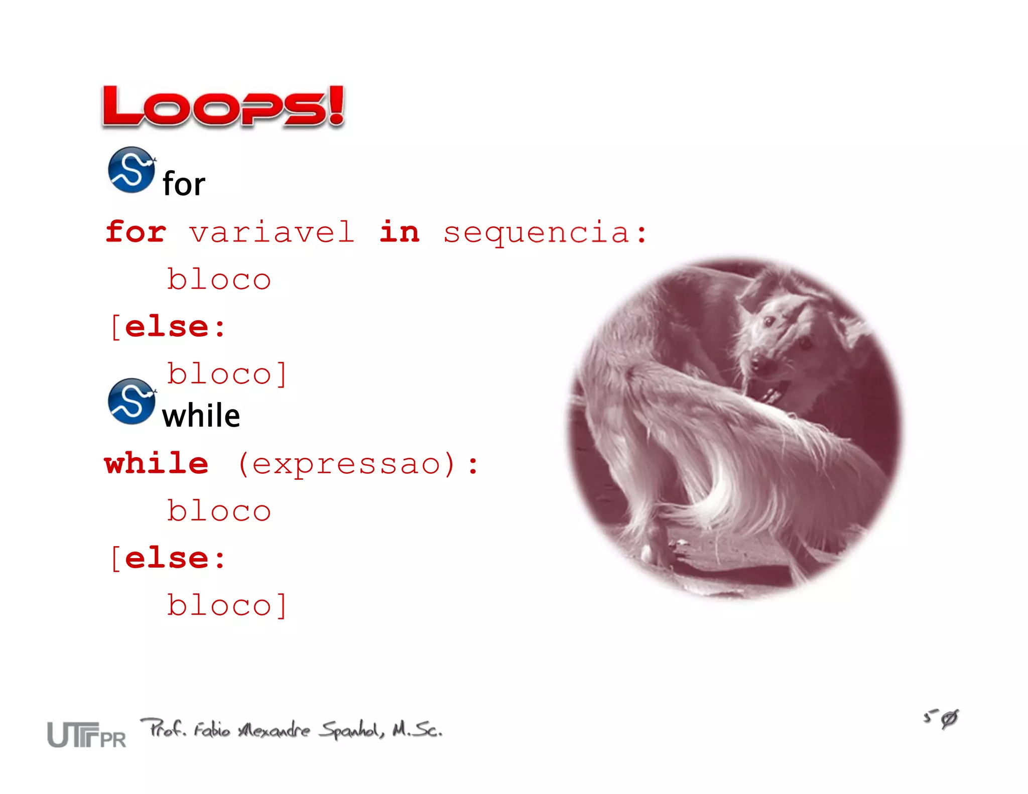 for
for variavel in sequencia:
   bloco
[else:
   bloco]
  while
while (expressao):
   bloco
[else:
   bloco]
 