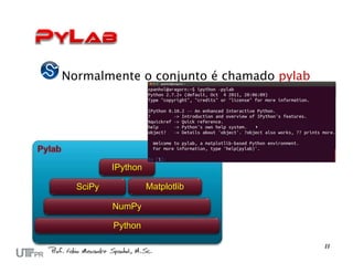 Normalmente o conjunto é chamado pylab




          IPython

  SciPy             Matplotlib

          NumPy

          Python
 