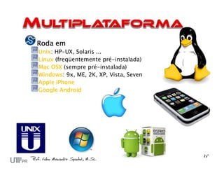 Roda em
Unix: HP-UX, Solaris ...
Linux (freqüentemente pré-instalada)
Mac OSX (sempre pré-instalada)
Windows: 9x, ME, 2K, XP, Vista, Seven
Apple iPhone
Google Android
 