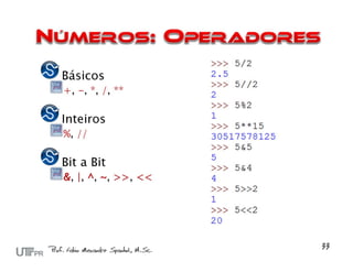 Básicos
+, -, *, /, **

Inteiros
%, //

Bit a Bit
&, |, ^, ~, >>, <<
 