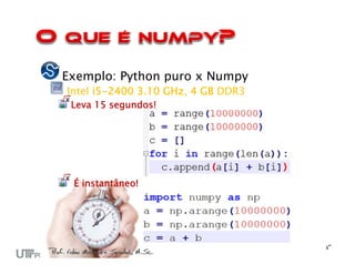 Exemplo: Python puro x Numpy
Intel i5-2400 3.10 GHz, 4 GB DDR3
 Leva 15 segundos!




 É instantâneo!
 