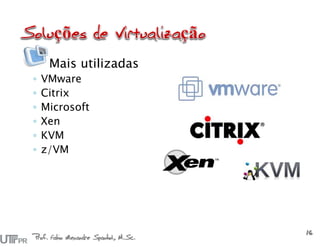 Mais utilizadas
◦ VMware
◦ Citrix
◦ Microsoft
◦ Xen
◦ KVM
◦ z/VM
Prof. Fabio Alexandre Spanhol, M.Sc.
16
 