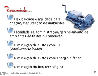 Prof. Fabio Alexandre Spanhol, M.Sc.
31
Flexibilidade e agilidade para
criação/manutenção de ambientes
Facilidade na administração/gerenciamento de
ambientes de testes ou produção
Diminuição de custos com TI
(hardware/software)
Diminuição de custos com energia elétrica
Diminuição do lixo tecnológico
 