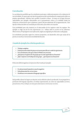 - 23 -
Coevaluación
La coevaluación posibilita que los estudiantes participen colaborativamente en la evaluación de
susactividades.Seesperaqueestetipodepropuestaayudeaprofundizarlacomprensiónsobresus
propios aprendizajes. Además, hace posible al maestro evaluar el avance en el logro diversas
capacidades; por ejemplo, relacionadas con el pensamiento crítico y la oralidad, desde las
instancias comunicativas que se plantean a partir del procedimiento de la argumentación. .Este
tipodeevaluacióndebeserenseñadoporeldocenteyejercitadoconsuayuda.
Una posibilidad para esta instancia es el intercambio de los registros entre los equipos. Por
ejemplo, se elige una de las dos experiencias y se trabaja sobre lo escrito en las columnas:
ObservemosyPropongamosunaexplicación,segúnseaasignadoporeldocenteacadagrupo.
Los estudiantes proceden según los criterios propuestos, sin desatender otros que surjan de la
puestaenmarchay/odelaintencionalidaddeldocente.
Amododeejemplo,loscriteriospuedenser:
 Trabajocompleto.
 Estánpresentestodoslospasosnecesariosparallevaracabolaexperiencia.
 Lasconclusionesalasquesehanarribadosoncorrectas.
 ¿Quéposeeelregistrodeestegrupoquenoestáregistradoenelnuestro?
 ¿Qué mejorareneltrabajodeestegrupo quémejorarenelnuestro?
Eldocentedeberáregistrarenelprocesoobservandoporejemplo:
 Sivalorantantolopositivocomolonegativo.
 Sifundamentanlascorrecciones.
 Siutilizancorrectamenteellenguajeespecí co.
Será posible valorar los logros en relación con la re exión sobre lo producido, el uso progresivo y
pertinente del lenguaje especí co, el trabajo experimental, así como las capacidades escritura,
pensamientocrítico,trabajarconotrospararelacionarseeinteractuarconotros.
 