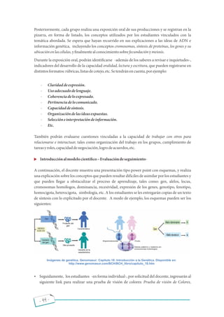 - 44 -
Posteriormente, cada grupo realiza una exposición oral de sus producciones y se registran en la
pizarra, en forma de listado, los conceptos utilizados por los estudiantes vinculados con la
temática abordada. Se espera que hayan recurrido en sus explicaciones a las ideas de ADN e
información genética, incluyendo los conceptos cromosomas, síntesis de proteínas, los genes y su
ubicaciónenlascélulas,y nalmentealconocimientosobrefecundaciónymeiosis.
Durante la exposición oral, podrán identi carse -además de los saberes a revisar e inquietudes-,
indicadores del desarrollo de la capacidad oralidad, lectura y escritura, que pueden registrarse en
distintosformatos:rúbricas,listasdecotejo,etc.Setendránencuenta,porejemplo:
· Claridaddeexpresión.
· Usoadecuadodelenguaje.
· Coherenciadeloexpresado.
· Pertinenciadelocomunicado.
· Capacidaddesíntesis.
· Organizacióndelasideasexpuestas.
· Seleccióneinterpretacióndeinformación.
· Etc.
También podrán evaluarse cuestiones vinculadas a la capacidad de trabajar con otros para
relacionarse e interactuar, tales como organización del trabajo en los grupos, cumplimiento de
tareasyroles,capacidaddenegociación,logrodeacuerdos,etc.
Introducciónalmodelocientí co Evaluacióndeseguimiento-
A continuación, el docente muestra una presentación tipo power point con esquemas, y realiza
una explicación sobre los conceptos que pueden resultar difíciles de asimilar por los estudiantes y
que pueden llegar a obstaculizar el proceso de aprendizaje, tales como: gen, alelos, locus,
cromosomas homólogos, dominancia, recesividad, expresión de los genes, genotipo, fenotipo,
homocigota, heterocigota, simbología, etc. A los estudiantes se les entregarán copias de un texto
de síntesis con lo explicitado por el docente. A modo de ejemplo, los esquemas pueden ser los
siguientes:
 Seguidamente, los estudiantes -en forma individual-, por solicitud del docente, ingresarán al
siguiente link para realizar una prueba de visión de colores: Prueba de visión de Colores,
Imágenes de genética. Genomasur: Capítulo 18: Introducción a la Genética. Disponible en:
http://www.genomasur.com/BCH/BCH_libro/capitulo_18.htm
 