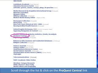 Scroll through the list & click on the ProQuest Central link
 
