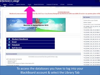 To access the databases you have to log into your
BlackBoard account & select the Library Tab
 