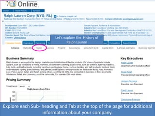 Explore each Sub- heading and Tab at the top of the page for additional
information about your company.
Let’s explore the History of
Ralph Lauren
 