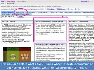 This LibGuide details what a SWOT is and where to locate information on
your Company’s Strengths, Weakness, Opportunities & Threats.
 