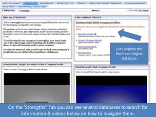 On the ‘Strengths” Tab you can see several databases to search for
information & videos below on how to navigate them.
Let’s explore the
Business Insights
Database
 