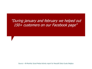 "During january and february we helped out
150+ customers on our Facebook page"
Source = Bi-Monthly Social Media Activity report for Nescafé Dolce Gusto Belgilux
 