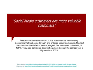 “Social Media customers are more valuable
customers"
Article source: http://thenextweb.com/socialmedia/2011/07/16/the-roi-of-social-media-10-case-studies/
Study source: http://www.socialmediaexplorer.com/social-media-marketing/social-media-customer-value/
Personal social media contact builds trust and thus more loyalty.
Customers that had come through one of these social touchpoints, filled out
the customer consultation form at a higher rate than other customers, at
179%. They also completed their first payment through the company, at a
higher rate of 732%.
 