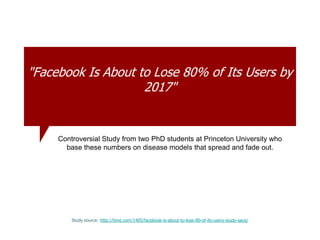 "Facebook Is About to Lose 80% of Its Users by
2017"
Study source: http://time.com/1405/facebook-is-about-to-lose-80-of-its-users-study-says/
Controversial Study from two PhD students at Princeton University who
base these numbers on disease models that spread and fade out.
 