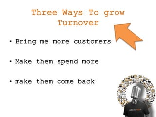 Three Ways To grow
Turnover
• Bring me more customers
• Make them spend more
• make them come back
 