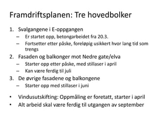 Framdriftsplanen: Tre hovedbolker
1. Svalgangene i E-oppgangen
    –   Er startet opp, betongarbeidet fra 20.3.
    –   Fortsetter etter påske, foreløpig usikkert hvor lang tid som
        trengs
2. Fasaden og balkonger mot Nedre gate/elva
    –   Starter opp etter påske, med stillaser i april
    –   Kan være ferdig til juli
3. De øvrige fasadene og balkongene
    –   Starter opp med stillaser i juni

•   Vindusutskifting: Oppmåling er foretatt, starter i april
•   Alt arbeid skal være ferdig til utgangen av september
 