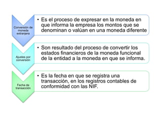 Conversión de
moneda
extranjera
• Es el proceso de expresar en la moneda en
que informa la empresa los montos que se
denominan o valúan en una moneda diferente
Ajustes por
conversión
• Son resultado del proceso de convertir los
estados financieros de la moneda funcional
de la entidad a la moneda en que se informa.
Fecha de
transacción
• Es la fecha en que se registra una
transacción, en los registros contables de
conformidad con las NIF.
 