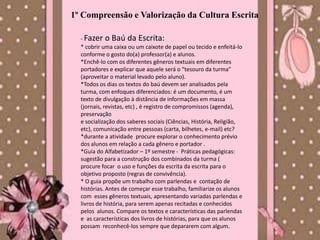 1º Compreensão e Valorização da Cultura Escrita

  - Fazer o Baú da Escrita:
  * cobrir uma caixa ou um caixote de papel ou tecido e enfeitá-lo
  conforme o gosto do(a) professor(a) e alunos.
  *Enchê-lo com os diferentes gêneros textuais em diferentes
  portadores e explicar que aquele será o “tesouro da turma”
  (aproveitar o material levado pelo aluno).
  *Todos os dias os textos do baú devem ser analisados pela
  turma, com enfoques diferenciados: é um documento, é um
  texto de divulgação à distância de informações em massa
  (jornais, revistas, etc) , é registro de compromissos (agenda),
  preservação
  e socialização dos saberes sociais (Ciências, História, Religião,
  etc), comunicação entre pessoas (carta, bilhetes, e-mail) etc?
  *durante a atividade procure explorar o conhecimento prévio
  dos alunos em relação a cada gênero e portador .
  *Guia do Alfabetizador – 1º semestre - Práticas pedagógicas:
  sugestão para a construção dos combinados da turma (
  procure focar o uso e funções da escrita da escrita para o
  objetivo proposto (regras de convivência).
  * O guia propõe um trabalho com parlendas e contação de
  histórias. Antes de começar esse trabalho, familiarize os alunos
  com esses gêneros textuais, apresentando variadas parlendas e
  livros de história, para serem apenas recitadas e conhecidos
  pelos alunos. Compare os textos e características das parlendas
  e as características dos livros de histórias, para que os alunos
  possam reconhecê-los sempre que depararem com algum.
 