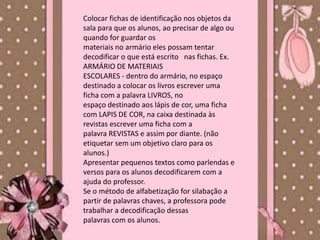 Colocar fichas de identificação nos objetos da
sala para que os alunos, ao precisar de algo ou
quando for guardar os
materiais no armário eles possam tentar
decodificar o que está escrito nas fichas. Ex.
ARMÁRIO DE MATERIAIS
ESCOLARES - dentro do armário, no espaço
destinado a colocar os livros escrever uma
ficha com a palavra LIVROS, no
espaço destinado aos lápis de cor, uma ficha
com LAPIS DE COR, na caixa destinada às
revistas escrever uma ficha com a
palavra REVISTAS e assim por diante. (não
etiquetar sem um objetivo claro para os
alunos.)
Apresentar pequenos textos como parlendas e
versos para os alunos decodificarem com a
ajuda do professor.
Se o método de alfabetização for silabação a
partir de palavras chaves, a professora pode
trabalhar a decodificação dessas
palavras com os alunos.
 