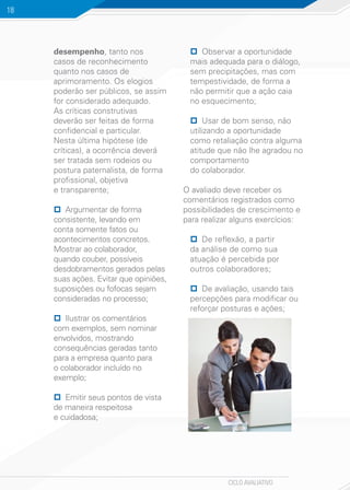 CICLO AVALIATIVO
18
desempenho, tanto nos
casos de reconhecimento
quanto nos casos de
aprimoramento. Os elogios
poderão ser públicos, se assim
for considerado adequado.
As críticas construtivas
deverão ser feitas de forma
confidencial e particular.
Nesta última hipótese (de
críticas), a ocorrência deverá
ser tratada sem rodeios ou
postura paternalista, de forma
profissional, objetiva
e transparente;
pp Argumentar de forma
consistente, levando em
conta somente fatos ou
acontecimentos concretos.
Mostrar ao colaborador,
quando couber, possíveis
desdobramentos gerados pelas
suas ações. Evitar que opiniões,
suposições ou fofocas sejam
consideradas no processo;
pp Ilustrar os comentários
com exemplos, sem nominar
envolvidos, mostrando
consequências geradas tanto
para a empresa quanto para
o colaborador incluído no
exemplo;
pp Emitir seus pontos de vista
de maneira respeitosa
e cuidadosa;
pp Observar a oportunidade
mais adequada para o diálogo,
sem precipitações, mas com
tempestividade, de forma a
não permitir que a ação caia
no esquecimento;
pp Usar de bom senso, não
utilizando a oportunidade
como retaliação contra alguma
atitude que não lhe agradou no
comportamento
do colaborador.
O avaliado deve receber os
comentários registrados como
possibilidades de crescimento e
para realizar alguns exercícios:
pp De reflexão, a partir
da análise de como sua
atuação é percebida por
outros colaboradores;
pp De avaliação, usando tais
percepções para modificar ou
reforçar posturas e ações;
 