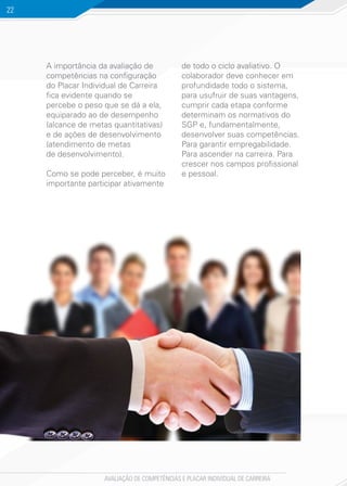 AVALIAÇÃO DE COMPETÊNCIAS E PLACAR INDIVIDUAL DE CARREIRA
22
A importância da avaliação de
competências na configuração
do Placar Individual de Carreira
fica evidente quando se
percebe o peso que se dá a ela,
equiparado ao de desempenho
(alcance de metas quantitativas)
e de ações de desenvolvimento
(atendimento de metas
de desenvolvimento).
Como se pode perceber, é muito
importante participar ativamente
de todo o ciclo avaliativo. O
colaborador deve conhecer em
profundidade todo o sistema,
para usufruir de suas vantagens,
cumprir cada etapa conforme
determinam os normativos do
SGP e, fundamentalmente,
desenvolver suas competências.
Para garantir empregabilidade.
Para ascender na carreira. Para
crescer nos campos profissional
e pessoal.
 