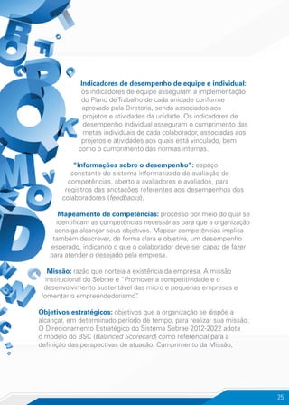 25
Indicadores de desempenho de equipe e individual:
os indicadores de equipe asseguram a implementação
do Plano de Trabalho de cada unidade conforme
aprovado pela Diretoria, sendo associados aos
projetos e atividades da unidade. Os indicadores de
desempenho individual asseguram o cumprimento das
metas individuais de cada colaborador, associadas aos
projetos e atividades aos quais está vinculado, bem
como o cumprimento das normas internas.
“Informações sobre o desempenho”: espaço
constante do sistema informatizado de avaliação de
competências, aberto a avaliadores e avaliados, para
registros das anotações referentes aos desempenhos dos
colaboradores (feedbacks).
Mapeamento de competências: processo por meio do qual se
identificam as competências necessárias para que a organização
consiga alcançar seus objetivos. Mapear competências implica
também descrever, de forma clara e objetiva, um desempenho
esperado, indicando o que o colaborador deve ser capaz de fazer
para atender o desejado pela empresa.
Missão: razão que norteia a existência da empresa. A missão
institucional do Sebrae é “Promover a competitividade e o
desenvolvimento sustentável das micro e pequenas empresas e
fomentar o empreendedorismo”.
Objetivos estratégicos: objetivos que a organização se dispõe a
alcançar, em determinado período de tempo, para realizar sua missão.
O Direcionamento Estratégico do Sistema Sebrae 2012-2022 adota
o modelo do BSC (Balanced Scorecard) como referencial para a
definição das perspectivas de atuação: Cumprimento da Missão,
 