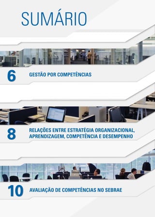 GESTÃO POR COMPETÊNCIAS
AVALIAÇÃO DE COMPETÊNCIAS NO SEBRAE
RELAÇÕES ENTRE ESTRATÉGIA ORGANIZACIONAL,
APRENDIZAGEM, COMPETÊNCIA E DESEMPENHO
6
8
10
SUMÁRIO
 