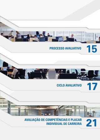 CICLO AVALIATIVO
AVALIAÇÃO DE COMPETÊNCIAS E PLACAR
INDIVIDUAL DE CARREIRA
PROCESSO AVALIATIVO
15
17
21
 