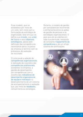 7
Esse modelo, que se
estabelece por meio de
um ciclo, tem início com a
formulação da estratégia da
organização, fase em que se
define sua missão, sua visão
de futuro e seus objetivos
estratégicos, passa pela
definição das competências
necessárias para o sucesso
da empresa e termina com os
processos de avaliação
de resultado.
O ciclo prevê a seleção de
competências organizacionais,
a realização de inventário das
competências profissionais
existentes na empresa, a
gestão de desempenho
por competências com a
escolha dos indicadores de
desempenho organizacional,
de equipe e individual e o
desenvolvimento de um sistema
de acompanhamento e avaliação
que, por meio de feedbacks,
retroalimenta as estratégias.
Portanto, o modelo de gestão
por competências recomenda
o alinhamento entre as ações
de gestão de pessoas e as
estratégias organizacionais. E
para que ele se viabilize em
toda sua plenitude, necessita
de constante mapeamento de
competências e de um eficaz
sistema de certificações.
 