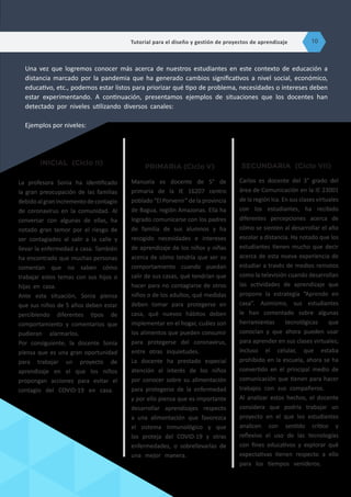 INICIAL (Ciclo II)
La profesora Sonia ha identificado
la gran preocupación de las familias
debidoalgranincrementodecontagio
de coronavirus en la comunidad. Al
conversar con algunas de ellas, ha
notado gran temor por el riesgo de
ser contagiados al salir a la calle y
llevar la enfermedad a casa. También
ha encontrado que muchas personas
comentan que no saben cómo
trabajar estos temas con sus hijos o
hijas en casa.
Ante esta situación, Sonia piensa
que sus niños de 5 años deben estar
percibiendo diferentes tipos de
comportamiento y comentarios que
pudieran alarmarlos.
Por consiguiente, la docente Sonia
piensa que es una gran oportunidad
para trabajar un proyecto de
aprendizaje en el que los niños
propongan acciones para evitar el
contagio del COVID-19 en casa.
PRIMARIA (Ciclo V)
Manuela es docente de 5° de
primaria de la IE 16207 centro
poblado “El Porvenir” de la provincia
de Bagua, región Amazonas. Ella ha
logrado comunicarse con los padres
de familia de sus alumnos y ha
recogido necesidades e intereses
de aprendizaje de los niños y niñas
acerca de cómo tendría que ser su
comportamiento cuando puedan
salir de sus casas, qué tendrían que
hacer para no contagiarse de otros
niños o de los adultos, qué medidas
deben tomar para protegerse en
casa, qué nuevos hábitos deben
implementar en el hogar, cuáles son
los alimentos que pueden consumir
para protegerse del coronavirus,
entre otras inquietudes.
La docente ha prestado especial
atención al interés de los niños
por conocer sobre su alimentación
para protegerse de la enfermedad
y por ello piensa que es importante
desarrollar aprendizajes respecto
a una alimentación que favorezca
el sistema inmunológico y que
los proteja del COVID-19 y otras
enfermedades, o sobrellevarlas de
una mejor manera.
SECUNDARIA (Ciclo VII)
Carlos es docente del 3° grado del
área de Comunicación en la IE 23001
de la región Ica. En sus clases virtuales
con los estudiantes, ha recibido
diferentes percepciones acerca de
cómo se sienten al desarrollar el año
escolar a distancia. Ha notado que los
estudiantes tienen mucho que decir
acerca de esta nueva experiencia de
estudiar a través de medios remotos
como la televisión cuando desarrollan
las actividades de aprendizaje que
propone la estrategia “Aprendo en
casa”. Asimismo, sus estudiantes
le han comentado sobre algunas
herramientas tecnológicas que
conocían y que ahora pueden usar
para aprender en sus clases virtuales;
incluso el celular, que estaba
prohibido en la escuela, ahora se ha
convertido en el principal medio de
comunicación que tienen para hacer
trabajos con sus compañeros.
Al analizar estos hechos, el docente
considera que podría trabajar un
proyecto en el que los estudiantes
analicen con sentido crítico y
reflexivo el uso de las tecnologías
con fines educativos y explorar qué
expectativas tienen respecto a ello
para los tiempos venideros.
Una vez que logremos conocer más acerca de nuestros estudiantes en este contexto de educación a
distancia marcado por la pandemia que ha generado cambios significativos a nivel social, económico,
educativo, etc., podemos estar listos para priorizar qué tipo de problema, necesidades o intereses deben
estar experimentando. A continuación, presentamos ejemplos de situaciones que los docentes han
detectado por niveles utilizando diversos canales:
Ejemplos por niveles:
Tutorial para el diseño y gestión de proyectos de aprendizaje 10
 