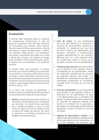 •	 Lista de cotejo: Es una herramienta
que sirve para identificar la presencia o
ausencia de conocimientos, destrezas o
conductas. Se caracteriza por una serie
de ítems (criterios de desempeño), que
expresan conductas o características,
situadas generalmente en una columna.
Mientras que en la otra columna están
las casillas para tachar o marcar en un
recuadro, o similar, los ítems completados.
•	 Fichadeautoevaluación:Esuninstrumento
que le permite al que aprende verificar
el desarrollo de sus aprendizajes. Puede
ser elaborado considerando un conjunto
de preguntas abiertas que invitan a la
reflexión de lo aprendido y que deben ser
contestadas justificando las respuestas,
o puede tomar la forma de una lista de
cotejo.
•	 Ficha de coevaluación. Es un instrumento
que permite al que aprende verificar el
desarrollo de sus aprendizajes en base
a las observaciones de su compañero de
equipo. Puede ser elaborada considerando
un conjunto de preguntas abiertas que
inviten a la reflexión de lo aprendido y
que deben ser contestadas justificando las
respuestas o tomar la forma de una lista
de cotejo.
•	 Registro de observación y análisis. Es el
registro que tiene el profesor del desarrollo
de los aprendizajes de los estudiantes, en
él se ven reflejadas las evidencias que
producen en el marco de la ejecución del
proyecto de aprendizaje.
Evaluación
El docente debe considerar cómo se evaluarán
las competencias seleccionadas al ciclo del
grupo de estudiantes. Para ello debe identificar
los instrumentos que utilizará, como rúbricas,
listas de cotejo, ficha de autoevaluación, ficha de
coevaluación, registro de observación y análisis,
etc. Asimismo, debe solicitar a los estudiantes
que tengan un portafolio que puede ser en físico
o digital (por ejemplo, una carpeta en Google
Drive, un fólder u otro) en donde puedan colocar
la evidencia de sus actividades o sus productos
parciales.
El docente debe tener presente el enfoque
formativo que señala el CNEB para la evaluación:
“La evaluación es un proceso sistemático en el que
se recoge y valora información relevante acerca
del nivel de desarrollo de las competencias en cada
estudiante, con el fin de contribuir oportunamente
amejorarsuaprendizaje”(MinisteriodeEducación
del Perú, 2016, p. 177).
En el marco del proyecto de aprendizaje a
distancia, tenemos las siguientes definiciones para
los instrumentos de evaluación recomendados:
•	 Rúbrica. Son guías de puntuación usadas en la
evaluación del desempeño de los estudiantes
que describen las características específicas
de un producto, proyecto o tarea en varios
niveles de logro con el fin de clarificar lo que
se espera del trabajo del alumno, de valorar
su ejecución y de facilitar la proporción de
feedback (retroalimentación).
Tutorial para el diseño y gestión de proyectos de aprendizaje 6
 