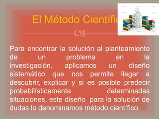 El Método Científico
                    
Para encontrar la solución al planteamiento
de       un       problema        en       la
investigación,    aplicamos    un     diseño
sistemático que nos permite llegar a
descubrir, explicar y si es posible predecir
probabilísticamente            determinadas
situaciones, este diseño para la solución de
dudas lo denominamos método científico.
 