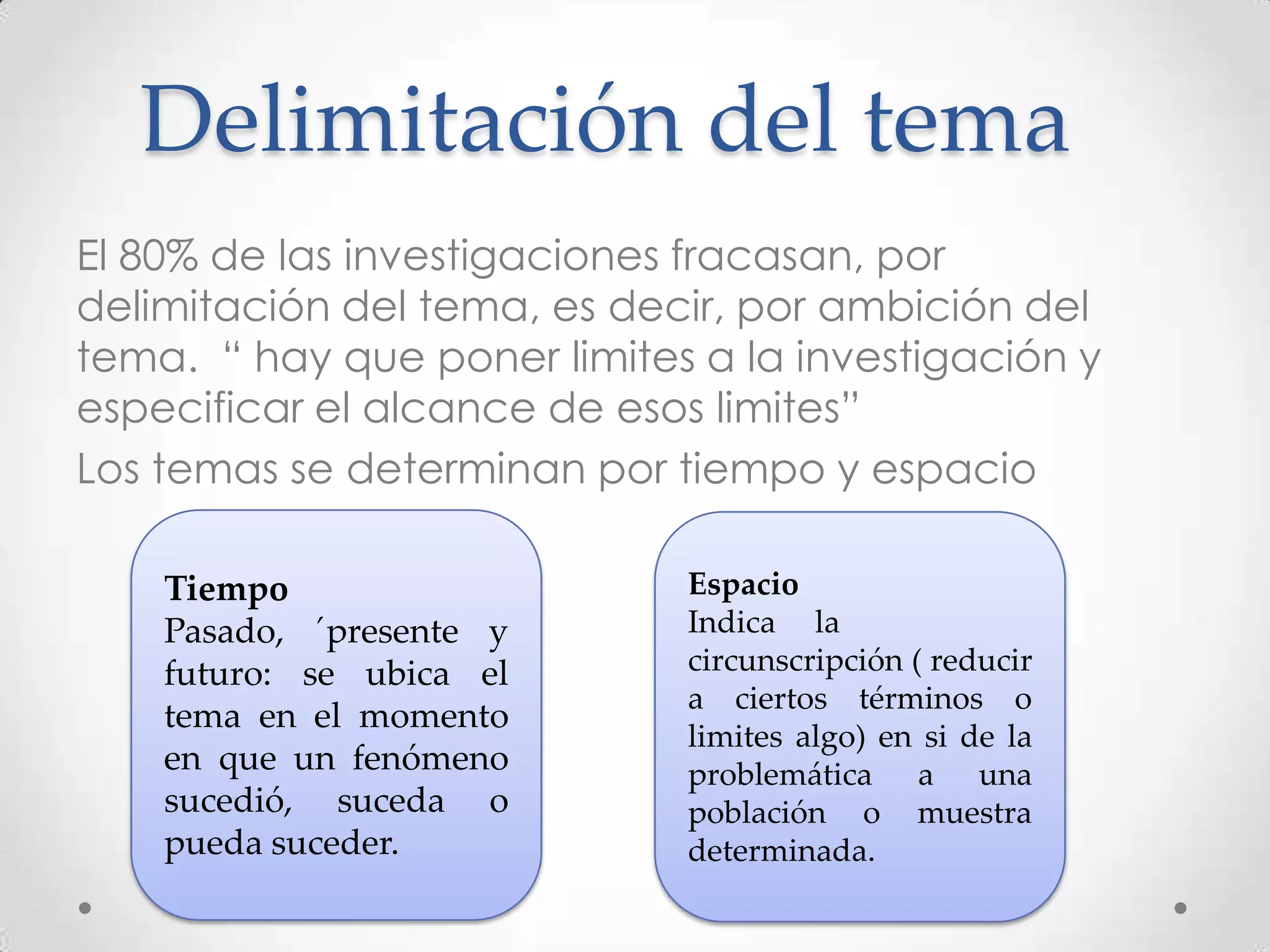 Delimitación del tema
El 80% de las investigaciones fracasan, por
delimitación del tema, es decir, por ambición del
tema. “ hay que poner limites a la investigación y
especificar el alcance de esos limites”
Los temas se determinan por tiempo y espacio

    Tiempo                   Espacio
    Pasado, ´presente y      Indica la
    futuro: se ubica el      circunscripción ( reducir
                             a ciertos términos o
    tema en el momento
                             limites algo) en si de la
    en que un fenómeno       problemática a una
    sucedió, suceda o        población o muestra
    pueda suceder.           determinada.
 