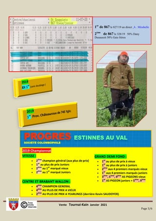 Vente Tournai-Kain Janvier 2021
Page 3/6
2019 Championnat
VITESSE :
 2ème
champion général (aux plus de prix)
 1er
au plus de prix Juniors
 2ème
au 1er
marqué vieux
 2ème
au 1er
marqué Juniors
CENTRE ET BRABANT WALLON :
 4ème
CHAMPION GENERAL
 4ème
AU PLUS DE PRIX A VIEUX
 2ème
AU PLUS DE PRIX A YEARLINGS (derrière Kevin SAUDOYER)
GRAND DEMI FOND :
 1er
au plus de prix à vieux
 1er
au plus de prix à juniors
 2ème
aux 4 premiers marqués vieux
 1er
aux 4 premiers marqués juniors
 3ème
, 5ème
, 9ème
AS PIGEONS vieux
 1er
AS PIGEON juniors + 5ème
, 9ème
1er
de 867 le 827/19 un direct A . Mirabelle
2ème
de 867 le 328/19 50% Dany
Dusausoit 50% Gaie frères
 