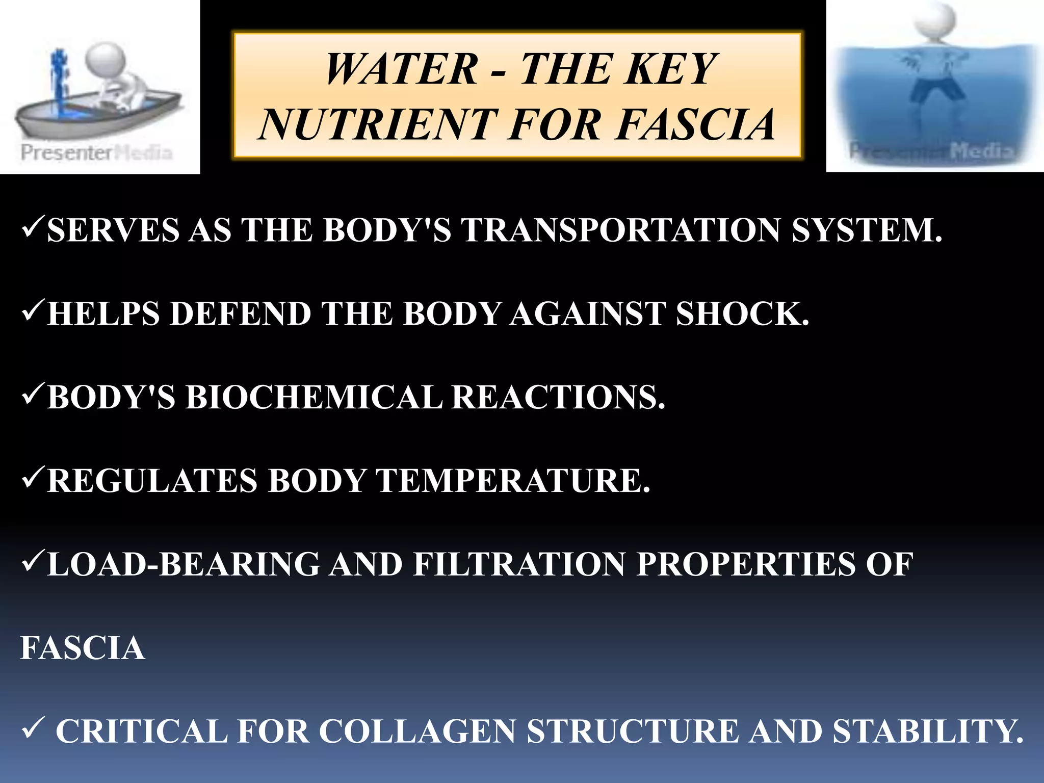 WATER - THE KEY
NUTRIENT FOR FASCIA
SERVES AS THE BODY'S TRANSPORTATION SYSTEM.
HELPS DEFEND THE BODY AGAINST SHOCK.
BODY'S BIOCHEMICAL REACTIONS.
REGULATES BODY TEMPERATURE.
LOAD-BEARING AND FILTRATION PROPERTIES OF
FASCIA
 CRITICAL FOR COLLAGEN STRUCTURE AND STABILITY.
 