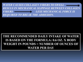 THE RECOMMENDED DAILY INTAKE OF WATER
IS BASED ON THE FORMULA: 0.6 OZ. X BODY
WEIGHT IN POUNDS = NUMBER OF OUNCES OF
WATER PER DAY
WATER CAUSES COLLAGEN FIBERS TO SWELL
RESULS IN MECHANICAL SLIPPAGE BETWEEN COLLAGEN
FIBERS LESS MECHANICAL FORCE IS
REQUIRED TO BREAK THE ADHESION.
 