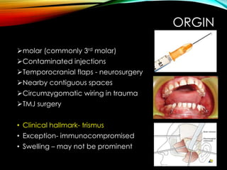 ORGIN 
molar (commonly 3rd molar) 
Contaminated injections 
Temporocranial flaps - neurosurgery 
Nearby contiguous spaces 
Circumzygomatic wiring in trauma 
TMJ surgery 
• Clinical hallmark- trismus 
• Exception- immunocompromised 
• Swelling – may not be prominent 
 